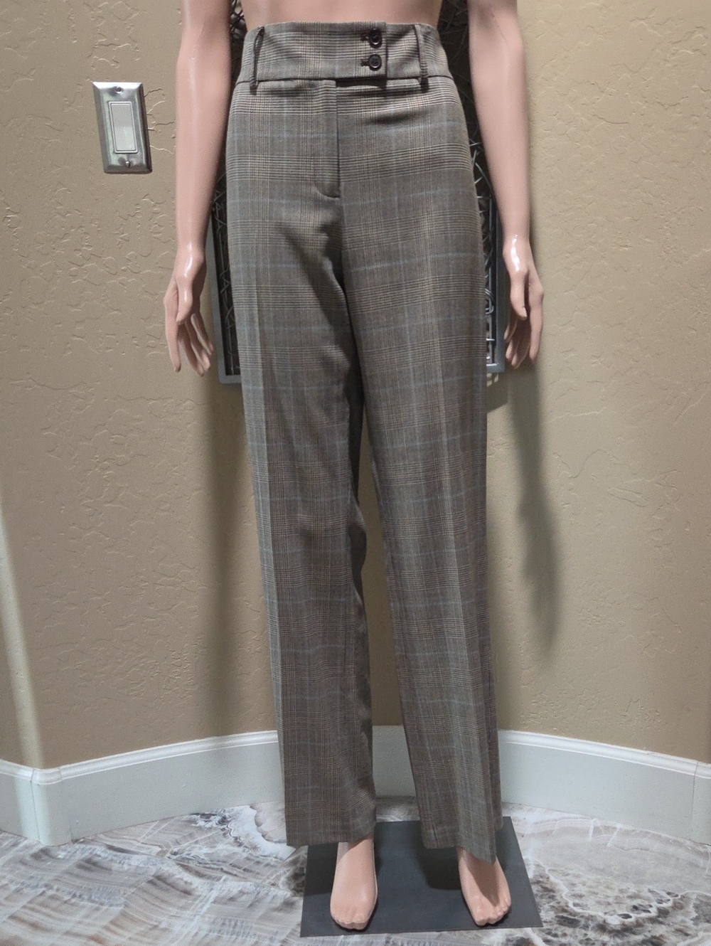 Anne Klein Tailored Brown Plaid Women's High-Waist Straight Dress Pants